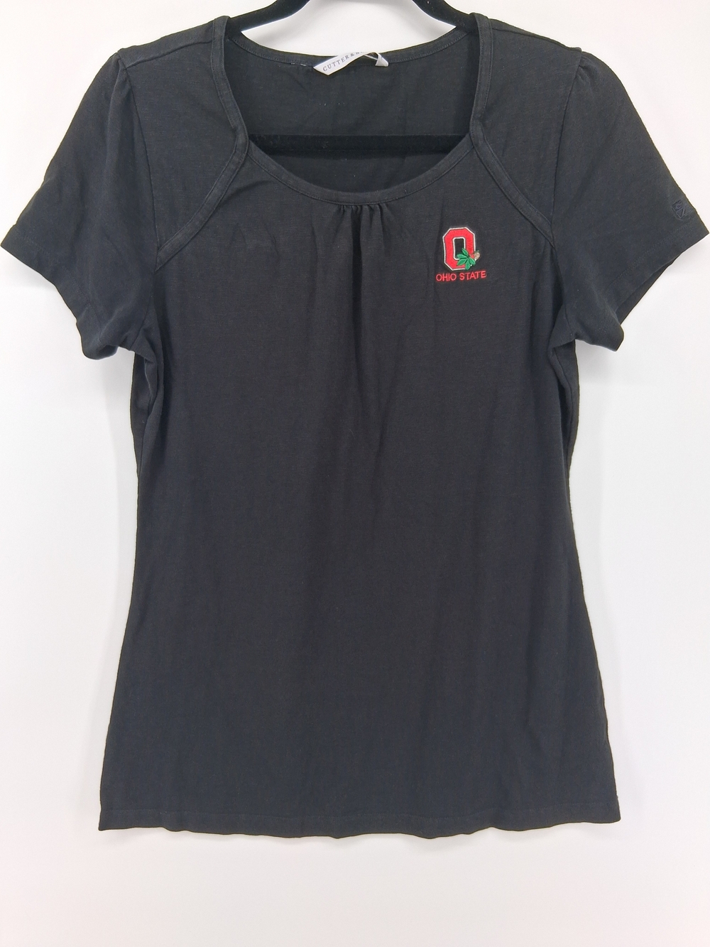 Cutter & Buck Black Short Sleeve Scoop Tee with Red & Green Ohio State Emblem